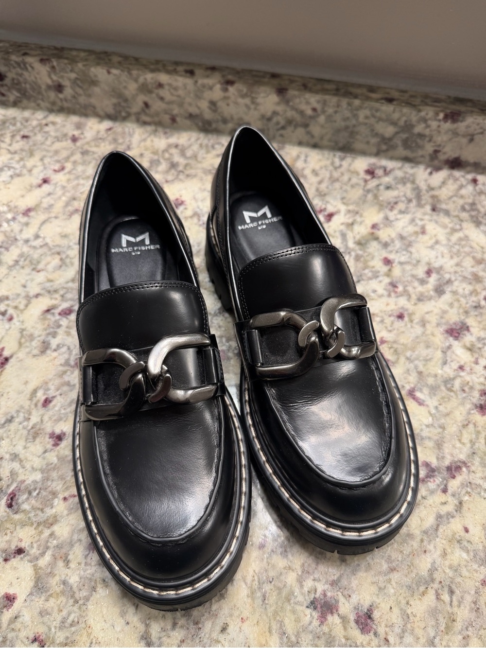 Marc Fisher Black Leather Silver ChainHorsebit Loafer Shoes Fall Chunky